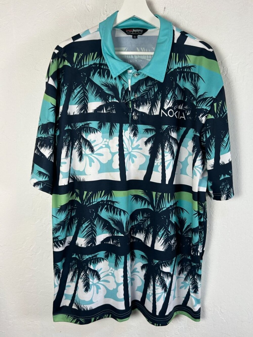 Canada Sportswear Custom Nokia Mens Tropical Palm Tree Polo Shirt 2XL Blue Green
